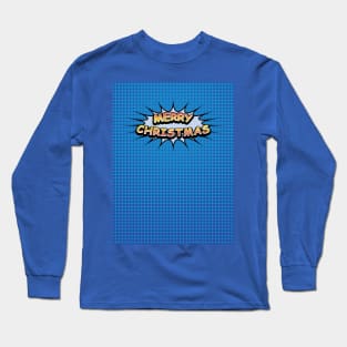 Comic Book Style 'Merry Christmas' Message on Blue Long Sleeve T-Shirt